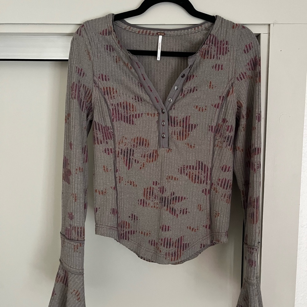 Free People Gray and Red Fitted Polo Blouse